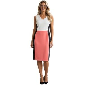 MAGGY LONDON Women's Colorblock Sheath Dress Coral Black White V-Neck Size 12